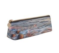 Beach Maui Hawaii Sunset Sea Waves Clouds Printed Leather Pencil Case Triangle Pen Pencil Pouch Office Large Pencil Bag Stationery Box for Men Women Teens Students