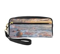 Beach Maui Hawaii Sunset Sea Waves Clouds Printed Makeup Bag for Women Travel PU Leather Cosmetic Bag with Wristlet Toiletry Bag