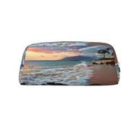 Beach Maui Hawaii Sunset Sea Waves Clouds Printing School Leather Zippered Fountain Ballpoint Rollerball Pens Pouch Pencils Case Holder for Pupil