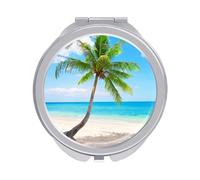 Beach Ocean Coconut Palm Tree White Sand Blue Sky Folding Make Up Mirror, Compact 2X/1X Magnification Mirror, Women Portable Travel Makeup Mirror 2.4 x 2.4 inch
