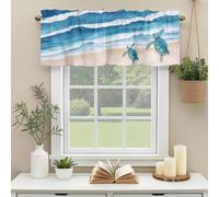 Beach Ocean Valances for Windows, Blue Waves Abstract Turtle Rod Pocket Valance Short Window Treatments Curtains for Kitchen Bathroom Bedroom Decor, 60 x 14 Inches