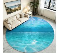 Beach Ocean Water Round Area Rug 90 cm, Blue Contemporary Carpet | Seaside Ripple Waves Circle Floor Mat, Soft Non-Skid Low Pile Base, Calming Decorative Rug for Bedroom & Living Room