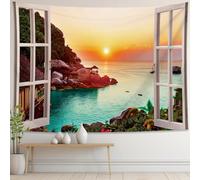 Beach Ocean Window Tapestry Wall Hanging Sunset Sunrise Island Coastal Landscape Nature Scenery Seaside Cute Small Tapestry for Office Bedroom Living College Dorm Room Backdrop Wall Decor 28×40 inch