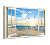 Beach Ocean Window View Canvas Wall Art Sunset Flying Seabird in Sky Blue Seascape Prints Painting Living Room Wall Decor Nature Scenery Picture Artwork for Bathroom Bedroom Home Decoration 60x90cm