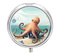 Beach Octopus Starfish Round Pill Box 3 Compartment Medicine Pill Organizer with Mirror Travel Small Pill Case Cute Vitamin Organizer Portable Daily Pill Container for Pocket Purse