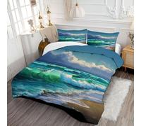 Beach Oil Painting Coverless Duvet Double - Coastal Oil Painting All Season Duvet Cosy & Lightweight Quilt Washable Comforter with 1 Pillowcases 200x200cm, Turquoise