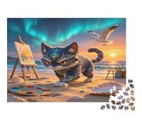 Beach Painter Cat 1000 Piece Jigsaw Puzzle Paper Adult Relaxation Focus Family Interaction Creative Decor Gift 52x38cm/1000pcs