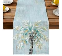 Beach Palm Table Runner, Vintage Coastal Tropical Boho Cream Blue Landscape Cotton and Table Linen Runner for Kitchen Dining Home Decor for Party Festival Holiday Decoration Gift 13x70in