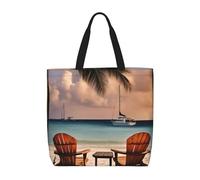 Beach Palm Tree Chairs Boats Print Fashion With Zip Shoulder Bag Casual Handbag Shopper Bag For Work Travel