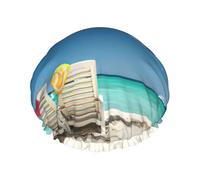 Beach Palm Tree Chairs Boats Print Shower Cap, Lined Shower Cap For Women Reusable, Double Layer Waterproof Bath Cap