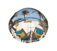 Beach Palm Tree Chairs Boats Reusable Shower Cap for Women, Double Waterproof Layers Bath Hat, Hair Treatment Essentials