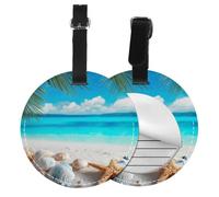 Beach Palm Tree Round Luggage Tag Ocean Seashell PU Leather Travel Bag Tag ID Labels Name Card Holder wtih Buckle for Luggage Suitcase Backpacks