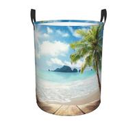 Beach Palm Tree Round Single-Layer Laundry Hamper With Full Wrap Print, Water-Resistant Polyester Fabric For Home Car Storage