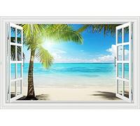Beach Palm Tree Scenery Point of View Window Frame Full Colour Wall Art Sticker Decal Transfer Mural Graphic Biggest 60cm x 90cm Wall Sticker Mural Art Decal for Home Decor - Beach