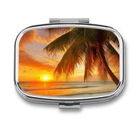 Beach Palm Tree Sunset Pill Box 2 Compartments Portable Travel Pill Case Mini Medicine Organizer for Pocket Purse Metal Waterproof Medicine Container Holder Vitamin Fish Oil