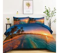 Beach Palm Tree Sunshine Pattern Comforter Duvet 10.5 Tog, Reversible Coverless Duvet, Soft Bedding Comforter Sets for All Seasons, Warm Quilt with 2 Pillowcases- Machine Washable 200 x 200 cm