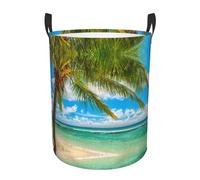 Beach Palm Tree Waterproof Polyester Fabric Single-Layer Laundry Hamper With Full Print Design,Sturdy Pe Rim,Dual Handles,For Home Car Storage