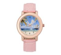 Beach Palm Trees Ship Women Simplicity Watch with Leather Strap Easy Reader Ladies Wristwatch