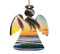 (Beach Palm Trees Sunset) Wooden Christmas Ornaments Set Angel Shape Holiday Hanging Decorations for Xmas Tree Gift Wrapping, 6 PCS