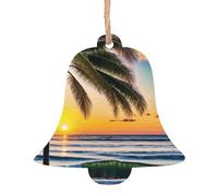 (Beach Palm Trees Sunset) Wooden Christmas Ornaments Set Bell Shape Holiday Hanging Decorations for Xmas Tree Gift Wrapping, 6 PCS