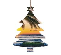 (Beach Palm Trees Sunset) Wooden Christmas Ornaments Set Christmas Tree Shape Holiday Hanging Decorations for Xmas Tree Gift Wrapping, 6 PCS