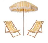 Beach Parasol with Fringe, Outdoor Umbrella with Tilt for Lawn and Deck, Striped Design