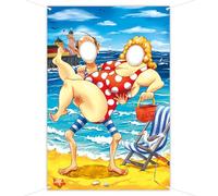 Beach Party Face in Hole Backdrop 3.3 x 5 ft, Seaside Face Cutout Photo Props, Skinny Man Carrying a Chubby Women Party Photography Background, Summer Beach Party Decoration, Funny Couple Photo Props