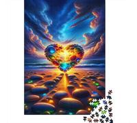 Beach Pebble Heart Sunset 1000-Piece Puzzle for Adults, 52x38cm/1000pcs; White Cardboard for Simple Sorting; for An Enjoyable Break at The Table