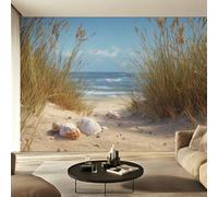 Beach Photo Wallpaper for Bedroom, Coastal Ocean Pampas Grass Wall Mural for Living Room, Blue Beige Wallpaper 300x210 Nonwoven Wall Paper Home Decor W48
