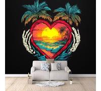 Beach Photo Wallpaper - Skull Sunset Palm Tree Wall Mural 150 × 105 cm / 59" × 41.3" - Non-Woven Premium 3D Art Print Wall Mural Decoration Poster Picture Design Modern
