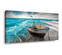 Beach Picture Canvas Wall Art Prints Black and White Waves Seascape Paintigns Home Decor Boat Seagulls Ocean Landscape for Living Room Bedroom Bathroom Decoration Natural Scenery Artwork 20x40inches