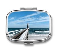 Beach Pier Lighthouse pilldispenser with Mirror 2 Compartments Waterproof PillCase for Purse Pocket Non-Slip Grip Travel Medicine Organizer Container Box for Vitamin Fish Oil Supplement