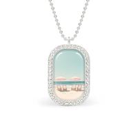 Beach Pink Umbrellas Wooden Chairs Rectangle Pendant Necklace Silver Women Jewelry Alloy Keychain Tag Jewelry