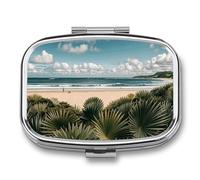 Beach Plantscape Pill Box Square Pill Case for Purse Pocket 2 Compartment Metal Pill Boxes Portable Small Pill Organizer to Hold Vitamins Medication Fish Oil Supplements