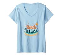 Beach Please: Tropical Summer Vibes Graphic, hawaiians V-Neck T-Shirt, Women, Baby Blue, S
