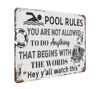 Beach Pool Rules Sign Hey y’all Watch This Vintage Summer Tin Sign for Swimming Pool Water Park Beach Decor 12x16 Inch