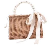Beach Purse Women Rattan Purse with Pearl Handle and Bow Rustic Drawstring Closure Basket Purse with Fabric Linner Straw Bag for Summer Beach Travel Style1