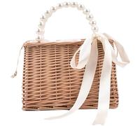 Beach Purse Women Rattan Purse with Pearl Handle and Bow Rustic Drawstring Closure Basket with Fabric Linner Straw Bag Style1, Rattan Bag