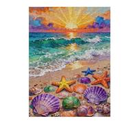 Beach Puzzle for Adults 500 Pieces, Ocean Seashells and Starfish Sunset Scenery Jigsaw Puzzle, Fun Challenging Puzzle, Family Game Night, Home Wall Decor Gift, 20.5x15 in
