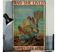 Beach Reading Book She Lived Happily Ever After Metal Plaque Men Women Wall Art Garden Restaurant Cafe Home Wall Decor Art Tin Sign Vintage 8x12 Inch