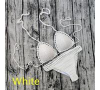Beach Ready Women's Handmade Knit Halter Bikini Set with Push Up Feature (L White)