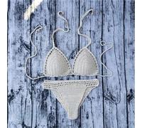 Beach Ready Women's Handmade Knit Halter Bikini Set with Push Up Feature (M Beige)
