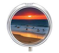 Beach Red Sunset Medicine Pill Case Round 3 Compartment Box Portable Decorative Medicine Organizer for Pocket or Wallet Organizer