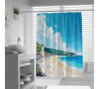 Beach Resort Scene Shower Curtain Lighthouse and Crowded Sandy Beach Waterproof Polyester Bathtub Curtain for Bathroom Machine Washable 200 x 220 cm