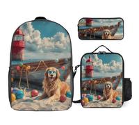Beach Retriever Dog 3 Pieces Set Laptop Backpack Casual Daypack with Lunch Box Pencil Case for Travel