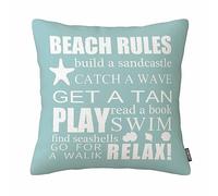 Beach Rules Pillow Case Funny Quote Catch Wave Teal Cotton Linen Decorative Throw Pillow Cover 18 X 18 inch Cushion Cover