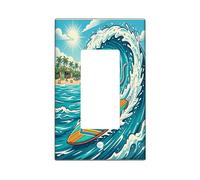 Beach Russian Blue Cat Surfing Decorative Light Switch Cover Wall Plate 1 Gang Single Rocker, Summer Kitten Coastal Electrical Switchplate, Cool Wave Print Electrical Faceplate
