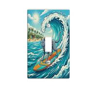 Beach Russian Blue Cat Surfing Decorative Light Switch Cover Wall Plate 1 Gang Single Toggle, Summer Kitten Coastal Electrical Switchplate, Cool Wave Print Electrical Faceplate