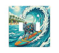 Beach Russian Blue Cat Surfing Decorative Light Switch Cover Wall Plate 2 Gang Double Toggle, Summer Kitten Coastal Electrical Switchplate, Cool Wave Print Electrical Faceplate