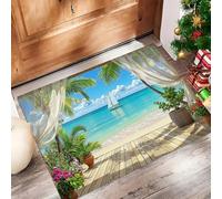 Beach Sailboat Palm Trees Door Mats Indoor, 60 x 90 cm Machine Washable Inside Door Mat, Tropical Vacation Absorbent Entrance Rug, Anti-Slip Floor Mats For Front Rear Doors - Light Blue